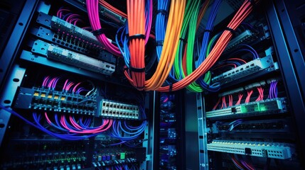 close-up shot of networking cable management located in the server room