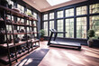 A room contains gym equipment for doing fitness exercises at home