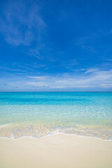 Wall Mural - Closeup sea waves sand beach. Panoramic beach landscape. Inspire tropical island coast seascape horizon. Sunny summer popular destination background. Idyllic best travel vacation seaside beachfront