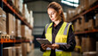 logistics employee is using a digital tablet to match shipping labels with an inventory list. They're managing the inventory with special warehouse software,banner