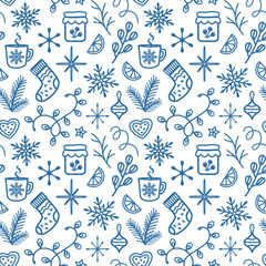 Cozy Christmas vector seamless pattern with fir branches, garland, socks, hot drink, decorations Line drawing style, wallpaper design, textile and wrapping paper print.