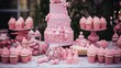 For the birthday of a yearling child, a lovely cake with pink decorations Candy bar with cakes, meringues, marshmallows and cupcakes