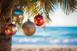 Christmas ornaments gleaming on palm trees along a serene tropical beach 