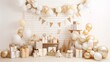 Birthday decorations for a small baby party featuring a wooden arch, presents, toys, balloons, garland, and a figure 3 against a white wall backdrop