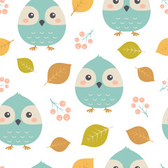 Poster - autumn seamless pattern with owl and leaves, flat vector illustration which can be used as wallpaper or wrapping paper