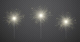 Fototapeta  - Bengal fire on transparent background. Set of New Year's sparkler candles. Glowing Christmas sticks.