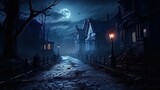 Fototapeta Uliczki - Halloween concept background of realistic horror house and creepy street with moonlight