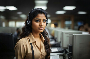 Wall Mural - An Indian woman working at a call center.