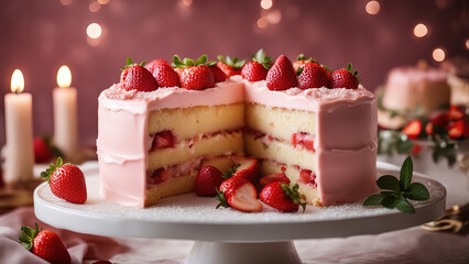 Sticker - Beautiful strawberry cake with berry on background