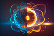 © aapsky - Collision of nuclei of elementary particles, image of nuclear reactions in the model. Cold warm part. An explosion with the release of a huge amount of heat and power and light. Generative AI