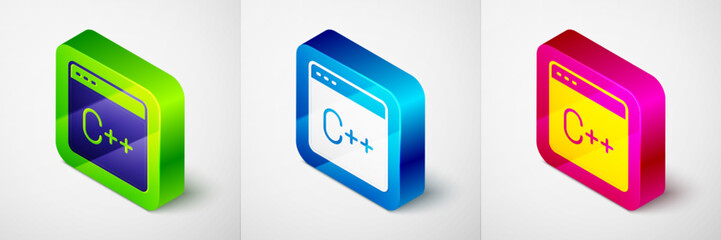Isometric Software, web developer programming code icon isolated on grey background. Javascript computer script random parts of program code. Square button. Vector