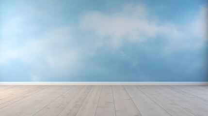 Room with sky wallpaper and wooden floor, Generative AI