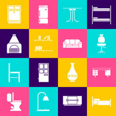 Sticker - Set Bed, Office desk, chair, Round table, Shelf with books, Interior fireplace, Furniture nightstand and Sofa icon. Vector