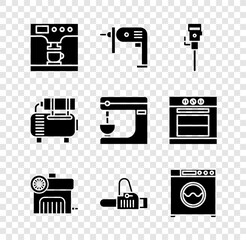 Canvas Print - Set Coffee machine and cup, Electric drill, Construction jackhammer, Air compressor, Chainsaw and Washer icon. Vector