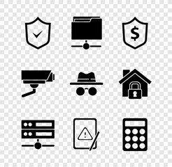 Wall Mural - Set Shield with check mark, FTP folder, dollar, Server, Data, Web Hosting, Tablet exclamation, Password protection, Security camera and Incognito mode icon. Vector