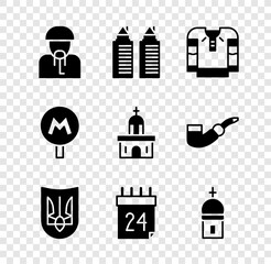 Sticker - Set Ukrainian cossack, Two towers Dnipro, Embroidered shirt, trident, Independence day of Ukraine, Church, Metro or Underground and building icon. Vector