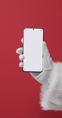 Poster - Vertical video of santa claus holding smartphone with copy space on red background