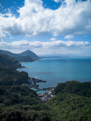 Wall Mural - Aerial view of Bitoujiao lighthouse, a famous scenery of Taiwan northeast corner. Birds eye view in Bitoujiao cape, Ruifang district, New Taipei, Taiwan.