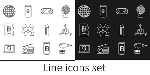 Poster - Set line Drill machine, Isometric cube, Gamepad, Film reel, Micro SD memory card, Earth globe, Bullet and Smartphone with wireless icon. Vector