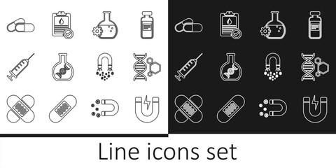 Sticker - Set line Magnet with lightning, Genetic engineering, Bioengineering, DNA research, search, Syringe, Medicine pill or tablet, money and Clipboard blood test icon. Vector