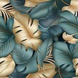 © SEUNGJIN - Luxury seamless floral background with golden monstera leaves. Romantic pattern template for wall decor. generative ai.