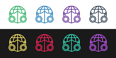 Sticker - Set line Earth globe with medical mask icon isolated on black and white background. Vector.