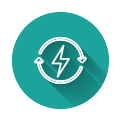 Wall Mural - White line Recharging icon isolated with long shadow background. Electric energy sign. Green circle button. Vector