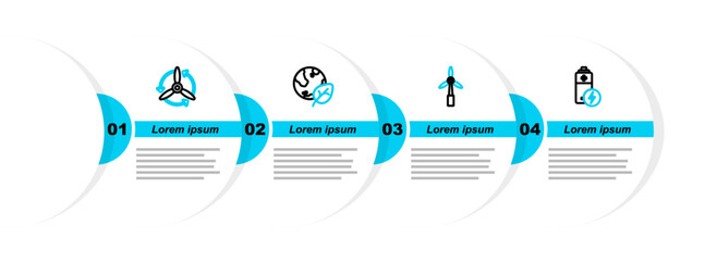 Poster - Set line Battery, Wind turbine, Earth globe and leaf and icon. Vector