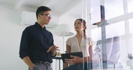 Poster - Tablet, glass and a business team talking in the office for planning or strategy while working together. Meeting, technology and management with an employee group in the workplace for collaboration