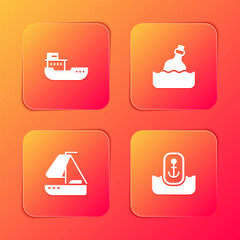 Sticker - Set Cargo ship, Bottle with message in water, Yacht sailboat and Location anchor icon. Vector