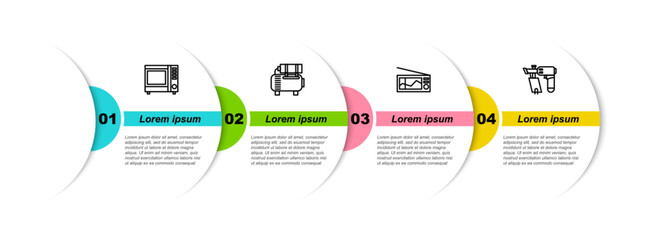 Sticker - Set line Microwave oven, Air compressor, Radio and Nail gun. Business infographic template. Vector