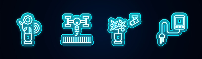 Sticker - Set line Smart farming technology, with drone, and Sensor. Glowing neon icon. Vector