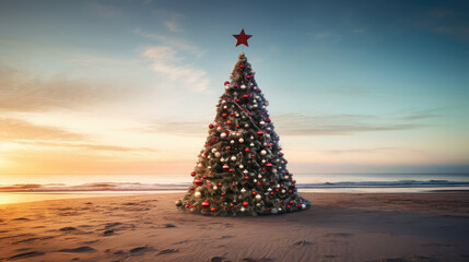 Christmas tree on the beach at sunset.