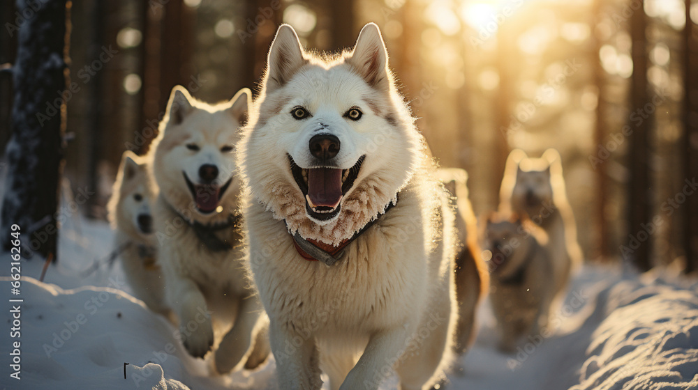 Husky Sledding: A team of energetic huskies pulling a sled through a ...