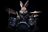 Rabbit playing a drum set on a dark background with copy space. Background with copy space.
