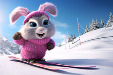 Easter Bunny On A Ski In The Mountains. 3d Rendering
