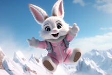 Easter Bunny On Snow Mountain Background. Easter Holiday Concept. 3D Rendering