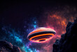 ein UFO oder Raumschiff von Aliens fliegt orange rot glühend vor einem Hintergrund aus einem leuchtend bunten Universum mit Sternen und Galaxien. Unbekannte Weiten und die Tiefe des Weltalls