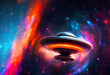 ein UFO oder Raumschiff von Aliens fliegt orange rot glühend vor einem Hintergrund aus einem leuchtend bunten Universum mit Sternen und Galaxien. Unbekannte Weiten und die Tiefe des Weltalls