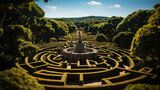 Fototapeta  - Hedge Labyrinth: A captivating hedge maze, intricately pruned to create a labyrinth for exploration and enjoyment.