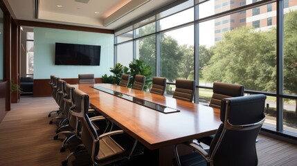 An office meeting room with a large conference table