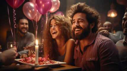 Excited friends gather for a surprise birthday party, with balloons and a decorated cake