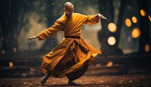 A Buddhist Monk With A Bald Head And A Traditional Orange Robe Dances