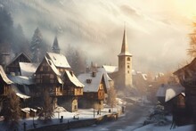 Winter View Of A Medieval Village With Stone And Wooden Buildings, A Church Tower, Snow, Fog, And Mountains. Generative AI
