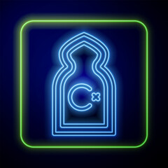 Canvas Print - Glowing neon Muslim Mosque icon isolated on blue background. Vector