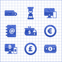 Poster - Set Closed wallet with lock, Coin money pound sterling symbol, Stacks paper cash, euro, Computer monitor mobile phone and bitcoin, Address book, and Envelope dollar icon. Vector