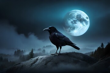 Moonlit solitude  A raven's quiet watch A crow stands on a tombstone in a spooky cemetery, embodying the essence of Halloween A black raven with glowing red eyes perched on a tombstone