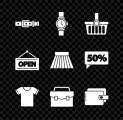 Sticker - Set Leather belt, Wrist watch, Shopping basket, T-shirt, Briefcase, Wallet, Hanging sign with Open and Skirt icon. Vector