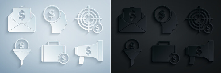 Canvas Print - Set Briefcase and money, Target with dollar symbol, Lead management, Megaphone, Business planning mind and Envelope coin icon. Vector