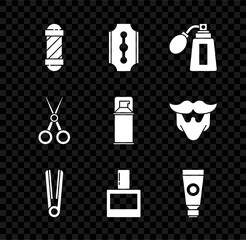 Canvas Print - Set Classic Barber shop pole, Blade razor, Aftershave bottle with atomizer, Curling iron for hair, Cream lotion cosmetic tube, Scissors hairdresser and Shaving gel foam icon. Vector